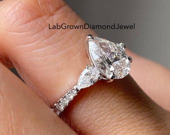 2.0 CT Pear Cut Three Stone Engagement Ring, Delicate Wedding Ring, Side Pear Shape & Pave Set Promise Ring, Trilogy Style Anniversary Ring