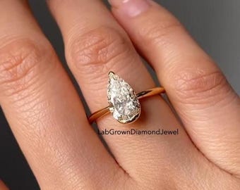 2.50CT Pear Cut Lab Grown Diamond Engagement Ring,  14K Gold Half Bezel Solitaire Wedding Ring, Unique Teardrop Anniversary Gift for Her