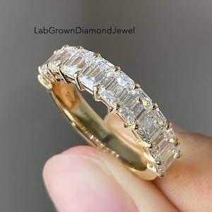 2.0 TCW Emerald Cut Lab Grown Diamond Wedding Band, Yellow Gold Half Eternity propose Ring, Stacking Anniversary Band, Matching Promise ring
