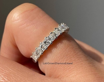 Princess Cut Lab Grown Diamond Half Eternity Wedding Band, Unique Shared Prong Set Promise Band, Classic Stackable Anniversary Band For Her
