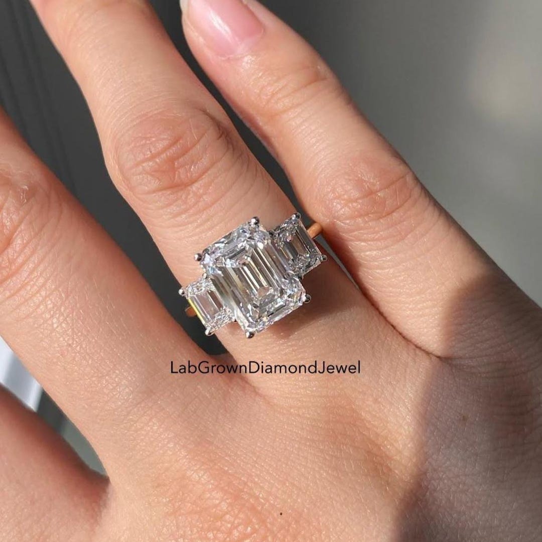 2.50 CT Three Stone Emerald Cut Lab Grown Diamond Engagement Ring ...