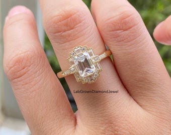 2.0 CT Emerald Cut Lab Grown Diamond Halo Engagement Ring, Vintage Milgrain Pave Band Ring, Art Deco Yellow Gold Proposal Ring, Bridal Ring