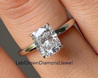3.0 CT Cushion Cut Lab Grown Diamond Engagement Ring, Solitaire Promise Ring, 14k White Gold Minimalist Ring, Dainty Bridal Wedding Gift