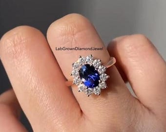 2 CT Blue Sapphire Oval Cut Lab Grown Halo Engagement Ring, Vintage Inspired Bridal Wedding Ring, September Birthstone Anniversary Ring