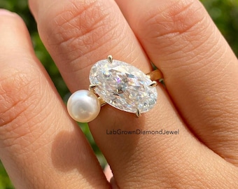 3.0 CT Toi et Moi oval Cut & Pearl Diamond Engagement Ring, Two Stone Solitaire Wedding Ring, Unique You And Me Ring, Elegant Birthday Gift