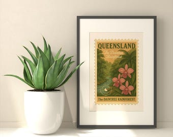 Queensland Vintage Stamp Art Print: Cooktown Orchid & Daintree Rainforest (Digital Download)