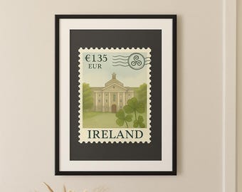 Ireland Vintage Postage Stamp Art Print — Trinity College Dublin & Shamrock