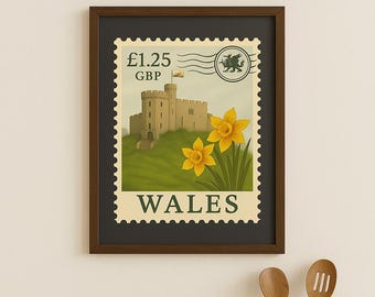 Wales Vintage Postage Stamp Art Print — Cardiff Castle & Daffodil