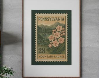 Pennsylvania Mountain Laurel Print: Vintage Stamp Style Art (Digital Download
