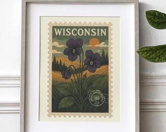 Wisconsin Digital Art Printable – Vintage Stamp Style | Wood Violet | Instant Download Wall Décor