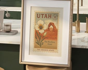 Utah Sego Lily Art Print: Vintage Stamp Style, Desert Landscape (Digital Download)