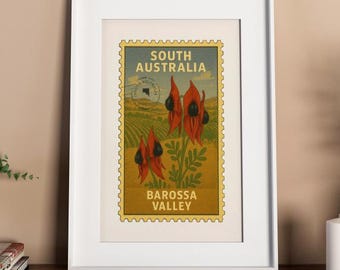 South Australia Stamp Print: Barossa Valley & Sturt's Desert Pea (Digital Download)