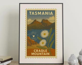 Tasmania Art Print: Cradle Mountain & Blue Gum Vintage Stamp (Digital Download