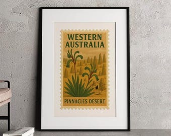 Western Australia Digital Print – Vintage Stamp | Pinnacles Desert & Kangaroo Paw | WA Wall Art Download