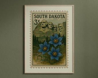 South Dakota Art Print: Vintage Stamp, Pasqueflower & Mount Rushmore (Digital Download)