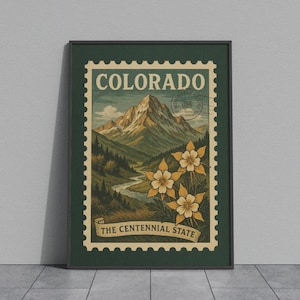 Colorado State Kunstdruck – Akelei Blumen & Berglandschaft | Vintage Stempel Stil Wildblumen Dekor | Rustikale druckbare Kunst