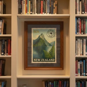 Op de afbeelding: Een ingelijste Nieuw-Zeelandse postzegel met een berglandschap en een meer. De postzegel is gevat in een houten lijst en wordt tentoongesteld op een plank omringd door boeken. De postzegel leest "New Zealand" en "60c".