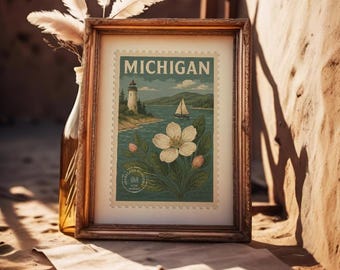 Michigan Apple Blossom Print: Vintage Stamp Art, Lighthouse Scene (Digital Download)