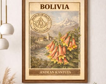 Andean Kantuta Bolivia Stamp-Style Digital Print, Vintage Floral Illustration, Travel-Inspired Printable Wall Art