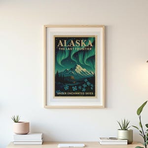 Sello imprimible del estado de Alaska, póster de viaje vintage con auroras boreales y nomeolvides, arte mural digital de Alaska.