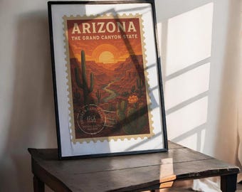 Lámina artística de Arizona: estilo sello vintage, Gran Cañón y cactus saguaro (descarga digital)