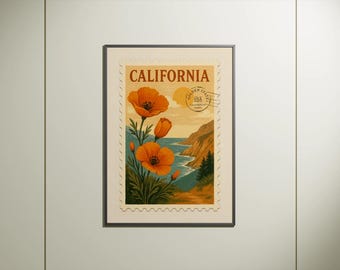 May include: Framed art print with a vintage California postage stamp design. It depicts orange poppies, coastal scenery, and the word "CALIFORNIA". The print has a cream background and a black frame, suitable for wall decor.