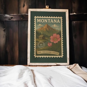 Blomtryck i delstaten Montana: Vintage stämpelkonst, fjällstuga (digital nedladdning)
