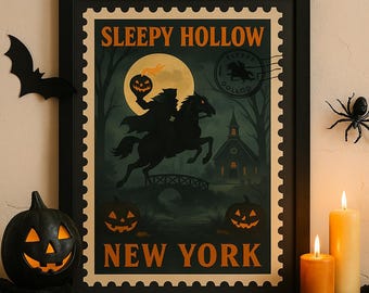 Sleepy Hollow Halloween Printable – Vintage Headless Horseman Stamp Art | Haunted Travels Collection