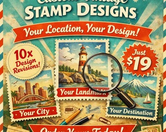 Custom Vintage Stamp Digital Print, Personalised Location Artwork, Unique Travel Stamp Illustration, Printable Wall Art