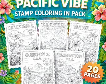 USA Stamp Art Coloring Pages, Pacific Vibes Travel Theme (Digital Download A4, 20x Pages