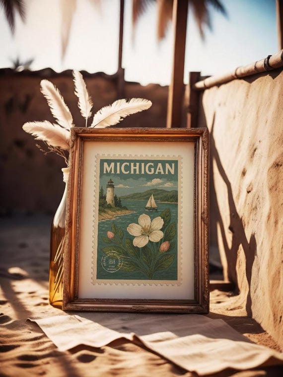 Michigan Apple Blossom Print: Vintage Stamp Art, Lighthouse Scene (Digital Download)