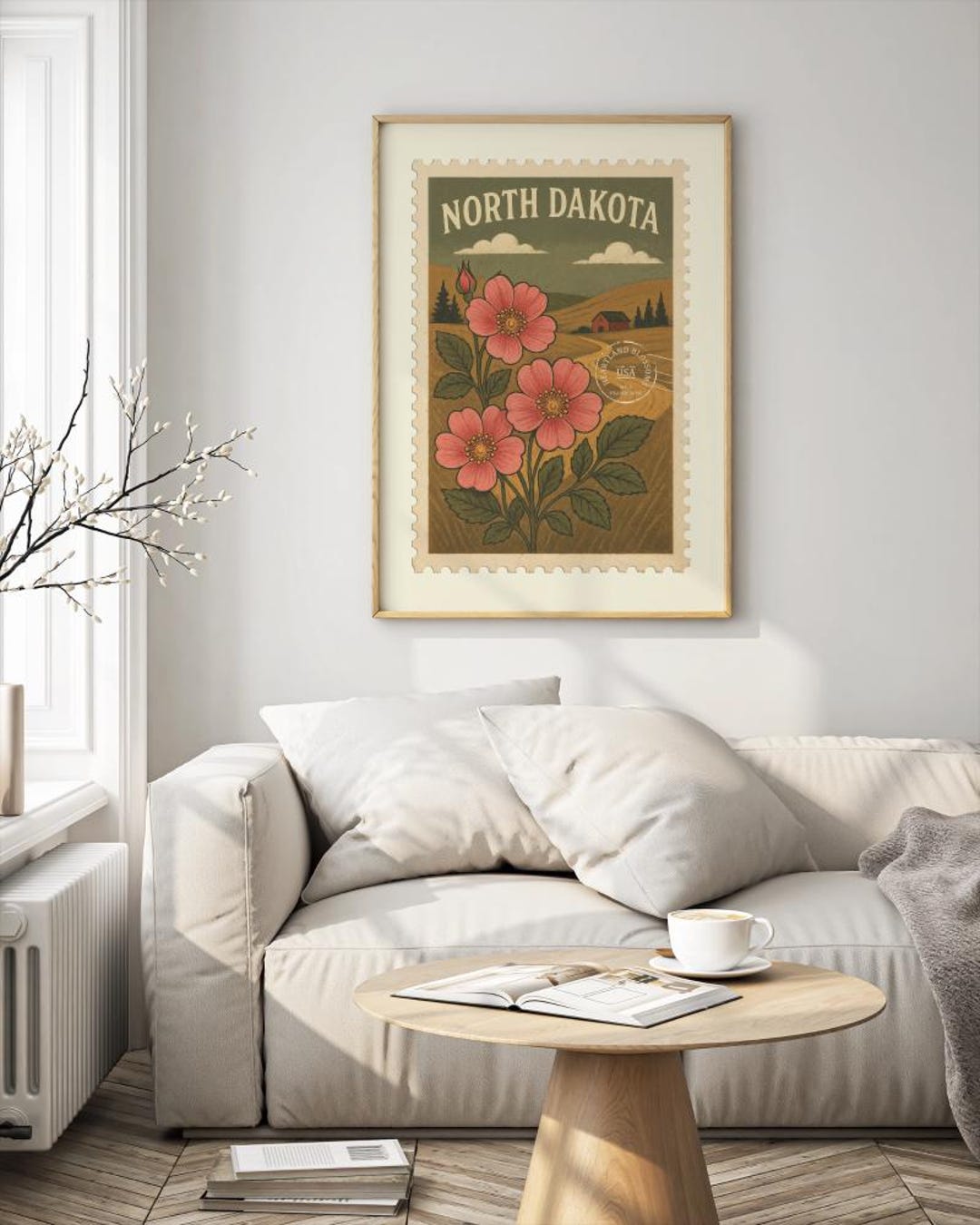 North Dakota Art Print: Vintage Stamp Style, Wild Prairie Rose (digital ...