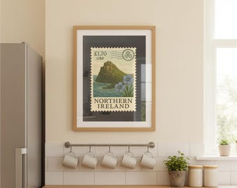 Northern Ireland Vintage Postage Stamp Art Print — Giant’s Causeway & Flax Flower