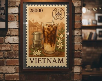 Vietnamese Iced Coffee Vintage Stamp Print – Cà Phê Sữa Đá with Phin Filter – Travel Wall Art