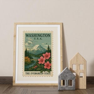 Arte de viaje vintage del estado de Washington: Ilustración del Monte Rainier y un rododendro