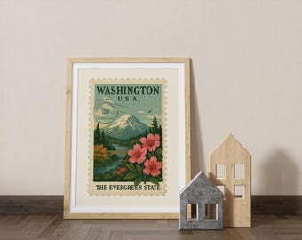 Vintage Washington State Travel Printable | Ilustracja Mount Rainier & Rhododendron | Natychmiastowe pobranie dekoracji ściennej