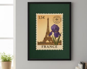 France Stamp Print – Vintage European Travel Print | Eiffel Tower and Iris, digital download