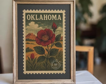Oklahoma Rose Vintage Stamp Art Print: Prairie Landscape (Digital Download
