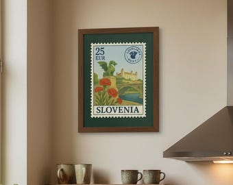 Póster de sellos de Eslovenia - Impresión de viaje vintage / Puente del Dragón y Clavel de Liubliana, descarga digital