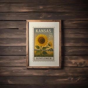 Kansas Digital Art Printable – Vintage Stamp Style | Sunflower Field | Instant Download Wall Décor