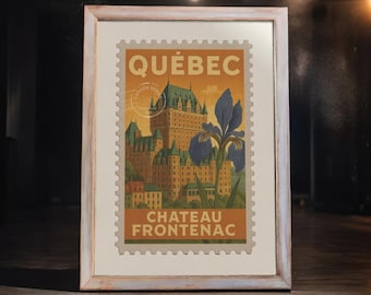 Québec City Vintage Stamp Art Print: Blue Iris & Château Frontenac (Digital Download