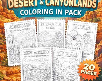 Desert and Canyonlands Coloring Pack, Printable USA Landscapes & State Flowers, Stamp Style Colouring Pages