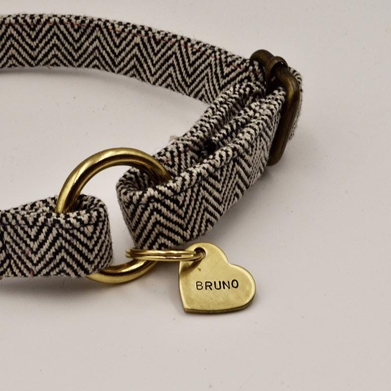 K&ouml;nnte beinhalten: Ein Haustierhalsband mit einem Stoffband in schwarz-wei&szlig;em Zickzackmuster und messingfarbenen Metallbeschl&auml;gen, bestehend aus einem runden Ring und einem herzf&ouml;rmigen Metallanh&auml;nger, der mit dem Namen BRUNO in Gro&szlig;buchstaben graviert ist.