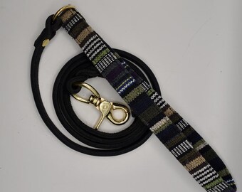 Leather Dog Leash: Plaid Cotton Handle, 140cm