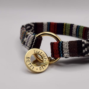 May include: A colorful striped dog collar with a gold metal D-ring and a gold tag engraved with "BETTI" and numbers.
