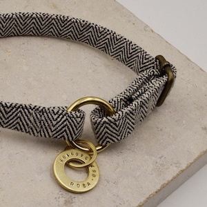 May include: A pet collar featuring a black and white chevron pattern fabric strap with an antique brass metal buckle and a circular brass tag engraved with the name ROSA and the numbers 3403195, attached to a brass ring on the collar strap.