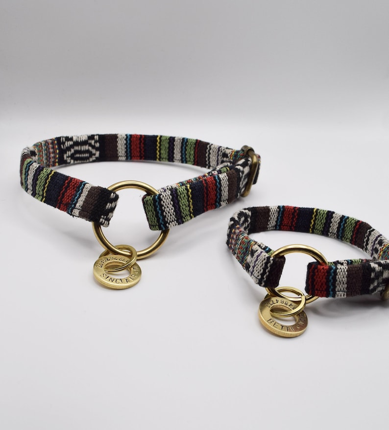 May include: Two colorful dog collars with brass D-rings and engraved tags. The collars are made of woven fabric with a black, white, red, and green striped pattern. The tags read "SINCLAIR" and "BELLA"