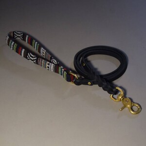 May include: A black leather dog leash with a colorful woven handle and a brass clasp.