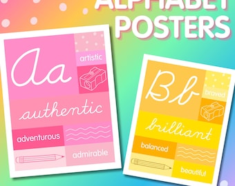Cursive Alphabet Posters with Character Traits - Bright Pastel - 4 Vocab Words