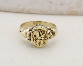 Vintage Secret Box Ring, Hidden Compartment Griffin Ring, Antique Style Locket Ring, Mythical Statement Jewelry, Unique Gift for Her